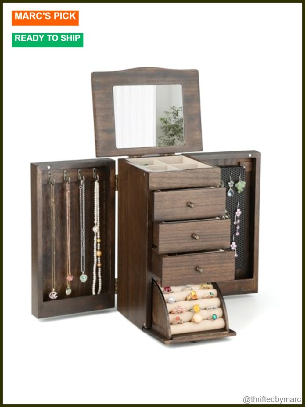 5-Layer Solid Wood Jewelry Box with Mirror Linen Lining